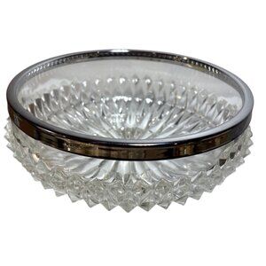 English Crystal Bowl With Silver Plated Rim Diamond Cut 7.75" Diameter Vintage